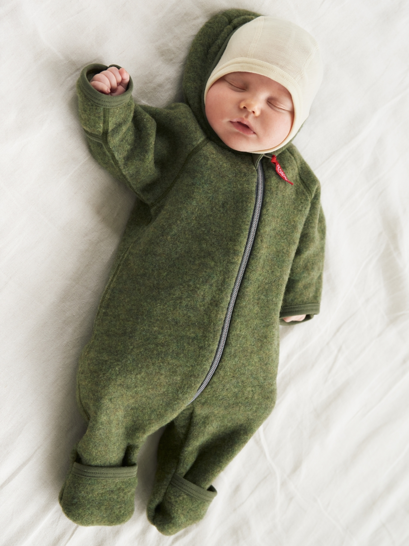 Ruskovilla's baby's organic merino wool fleece overall in green