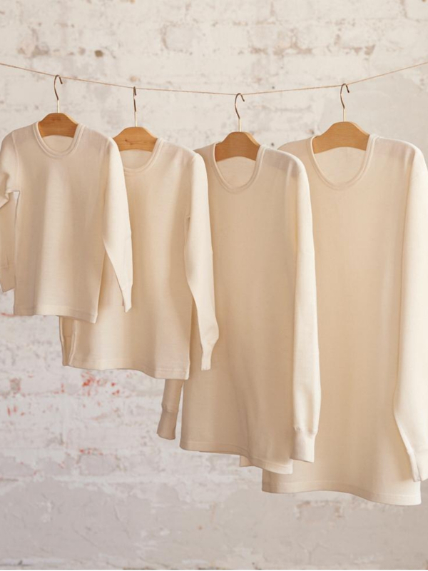 Ruskovilla's organic merino wool undershirt for men and women in white