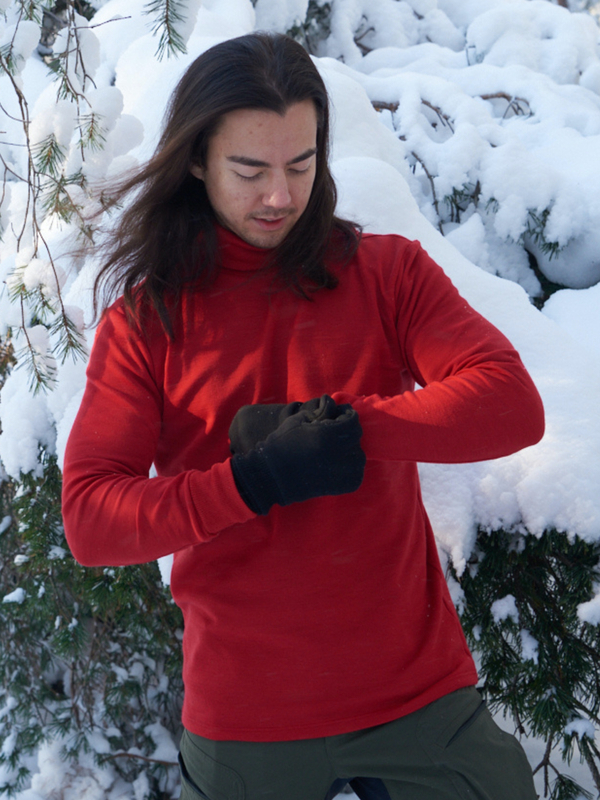 Ruskovilla's organic merino wool turtleneck shirt in red