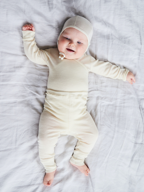Ruskovilla's white baby pants in organic silk wool
