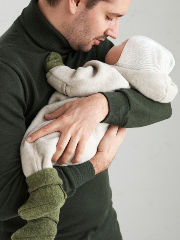 Ruskovilla's baby's organic merino wool fleece overall in dune color